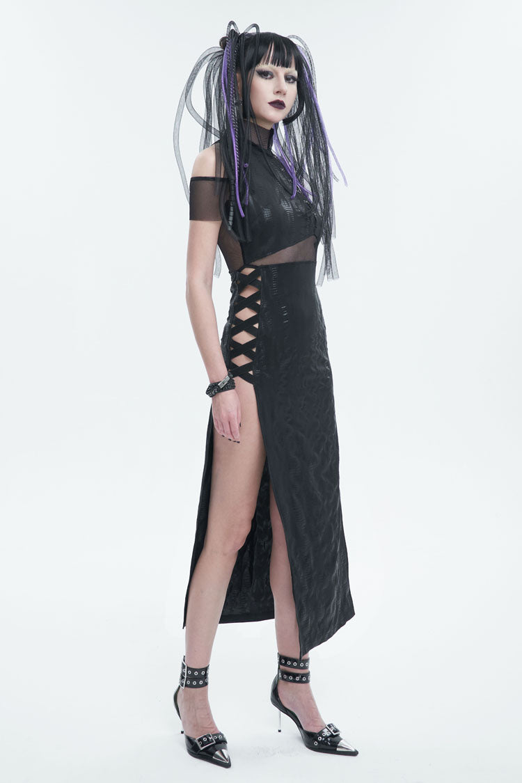 Black Off The Shoulder Irregular Knit Paneled Mesh Side Slit Women's Punk Dress - Product - 4