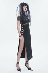 Black Off The Shoulder Irregular Knit Paneled Mesh Side Slit Women's Punk Dress - Product - 4