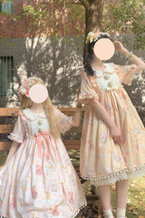 Yellow Doll Collar Short Sleeves Bunny Bear Moon Print Bowknot Stitching Sweet Lolita Dress - Product - 4