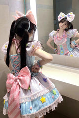Blue/Pink Magical Girl Short Sleeves Ruffle Bowknot Stars Sweet Princess Lolita Dress - Product - 5