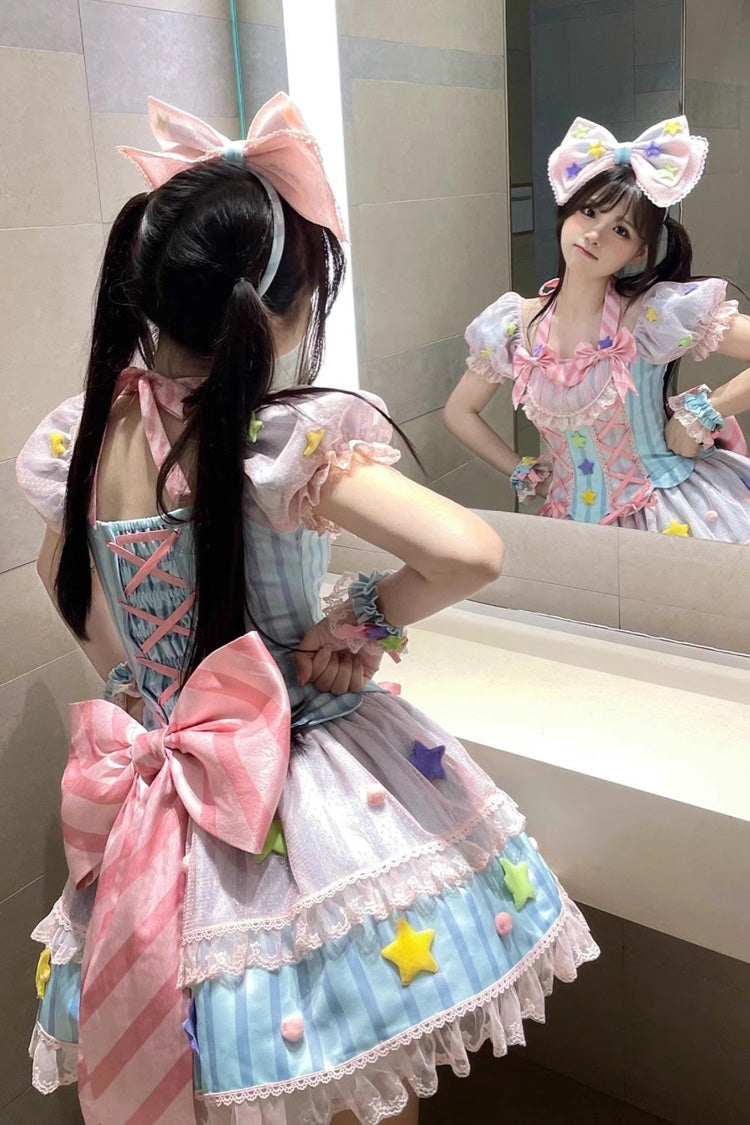 Blue/Pink Magical Girl Short Sleeves Ruffle Bowknot Stars Sweet Princess Lolita Dress - Product - 5