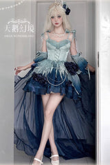 Undersea Blue [Swan Wonderland] Embroidery Bowknot Lace-Up Sweet Ballet Lolita Jsk Dress Short Version - Product - 2
