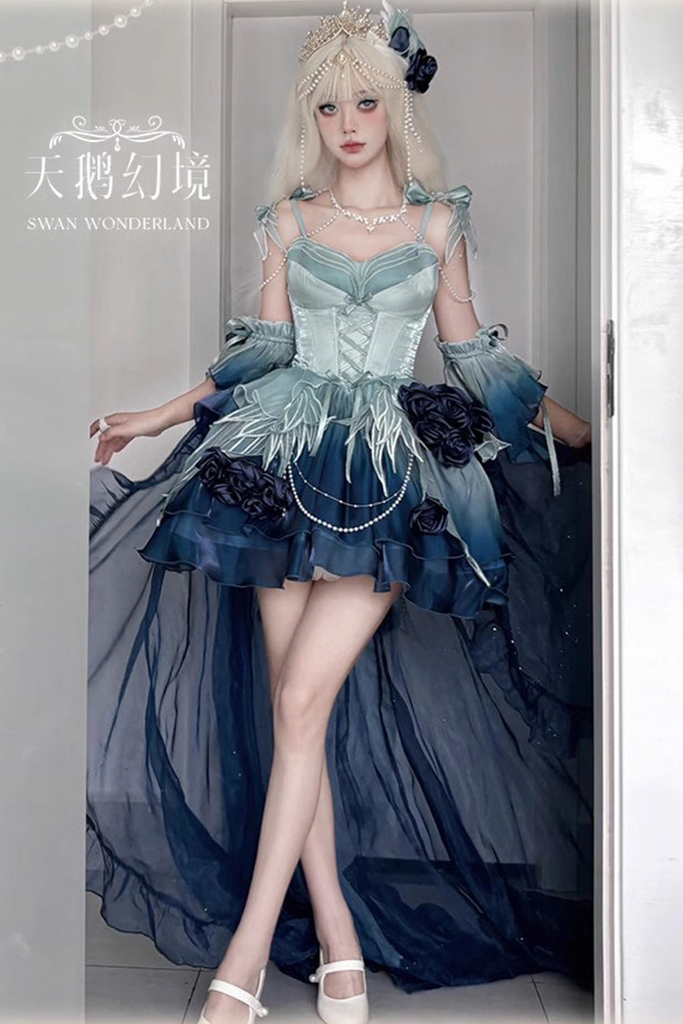 Undersea Blue [Swan Wonderland] Embroidery Bowknot Lace-Up Sweet Ballet Lolita Jsk Dress Short Version - Product - 2
