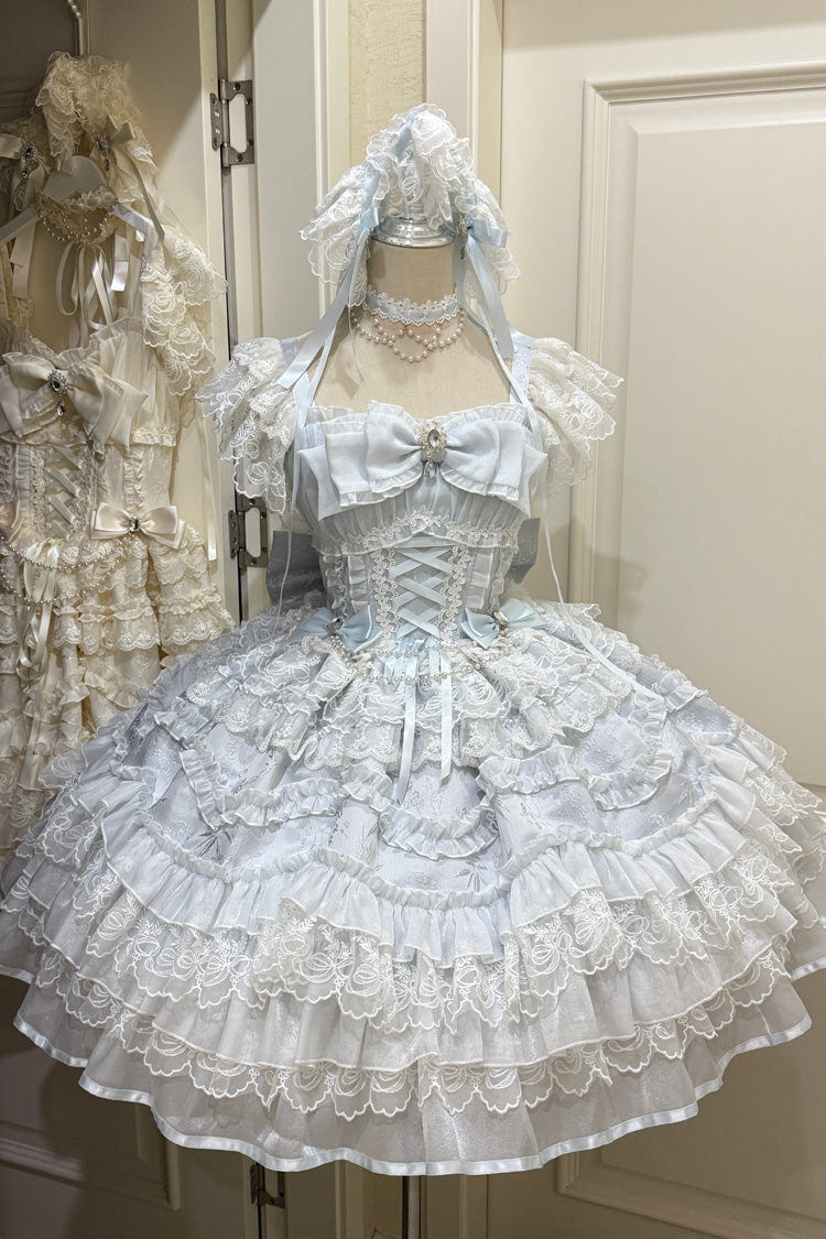 Blue [Eternal Vow] Sleeveless Multi-Layered Ruffle Hanayome Bowknot Lace Lace-Up Sweet Lolita Jsk Dress - Blue - 1