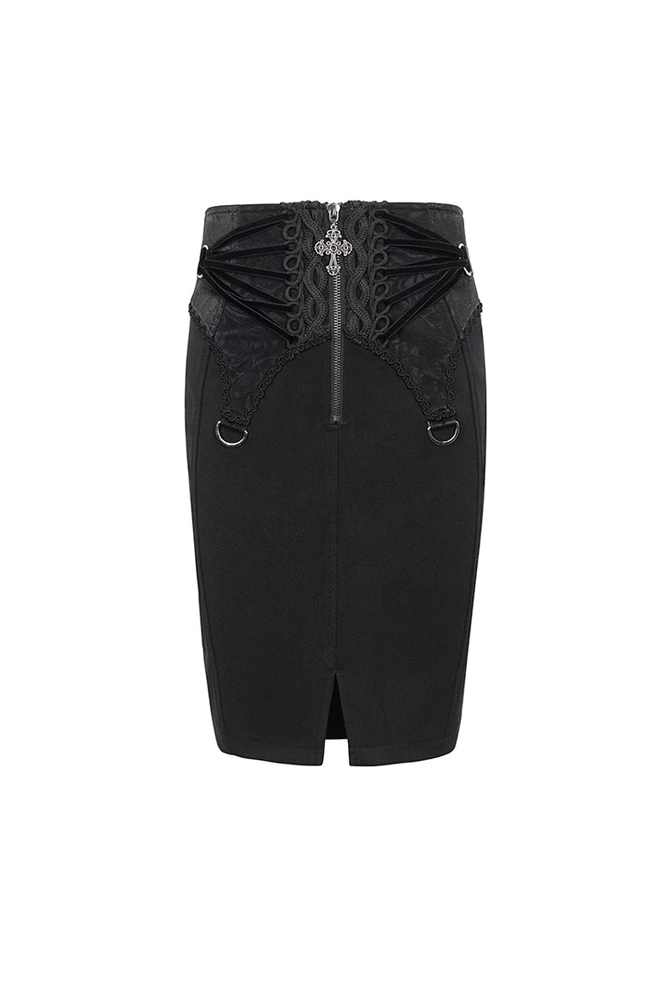 Black Lace Up Floral Embroidered Women's Gothic Split Skirt - Product - 7