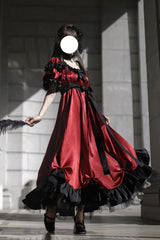 Red Square Collar Short Sleeves Ruffle Bowknot Sweet Regency-Style Vintage Lolita Dress - Product - 7