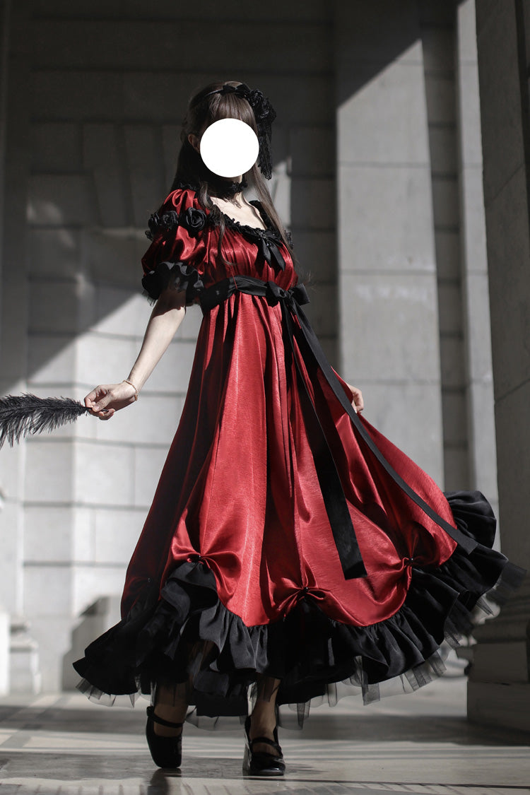 Red Square Collar Short Sleeves Ruffle Bowknot Sweet Regency-Style Vintage Lolita Dress - Product - 7