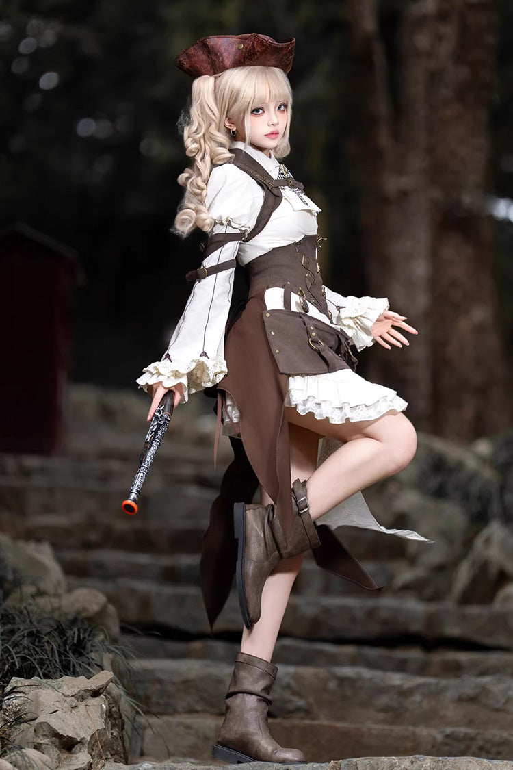White/Brown [Time Capsule Pirate Style] Long Sleeves Ruffled Irregular Gothic Vintage Elegant Lolita Skirt Set - Product - 3