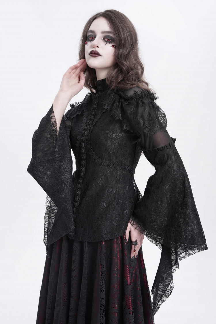 Black Stand Collar Long Trumpet Sleeves Embroidery Stitching Lace Women's Gothic Blouse - Product - 3