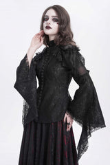 Black Stand Collar Long Trumpet Sleeves Embroidery Stitching Lace Women's Gothic Blouse - Product - 3