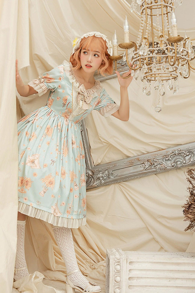 グリーン [Miss Sunflower] 半袖 プリント フリル リボン スウィートロリータワンピース 商品画像