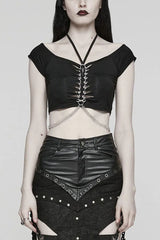 Black Short Sleeves Hollow Metal Chain Womens Steampunk Halterneck T-Shirt - Black - 1