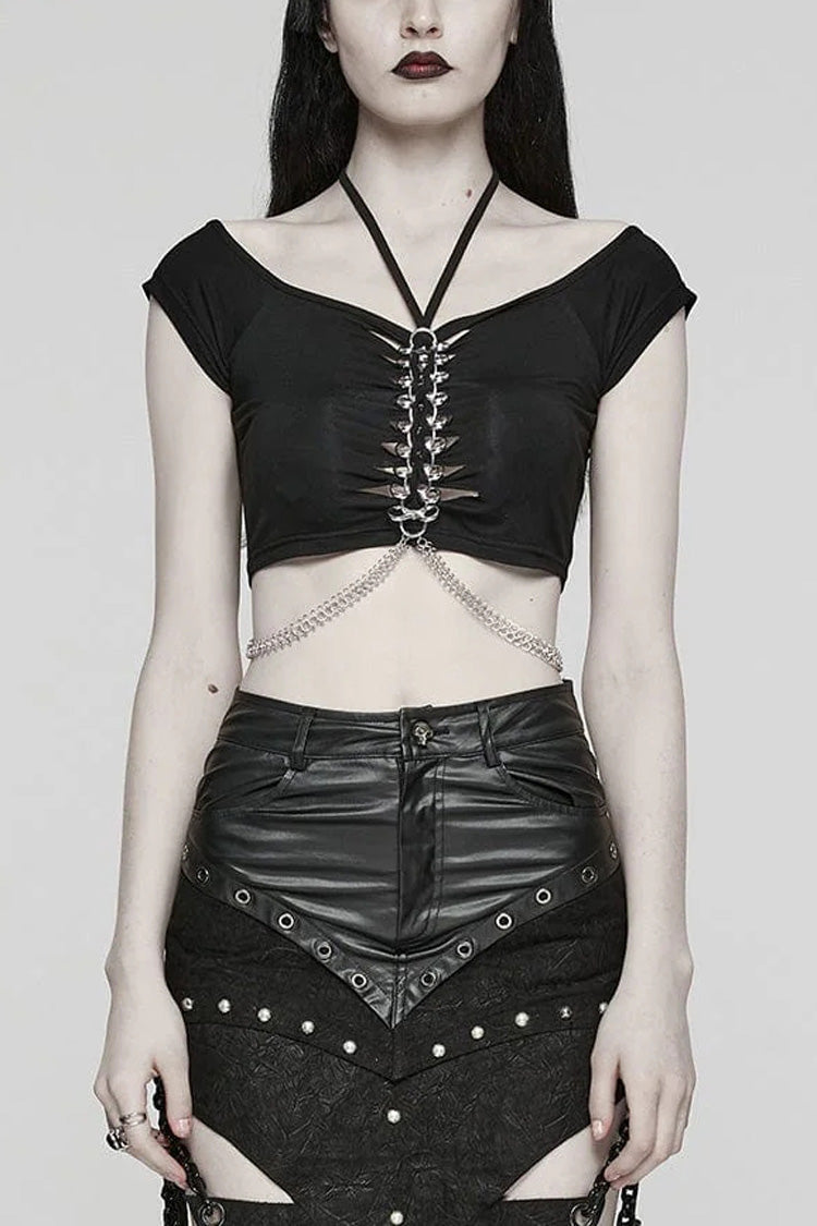 Black Short Sleeves Hollow Metal Chain Womens Steampunk Halterneck T-Shirt - Black - 1