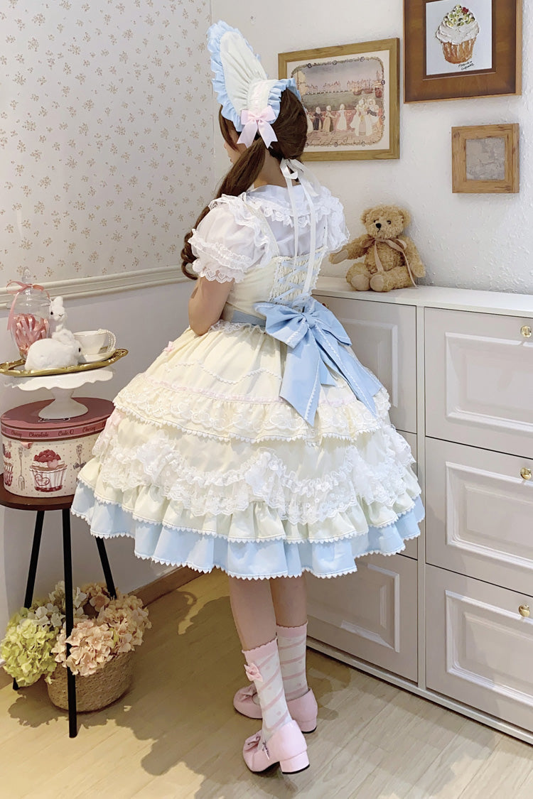 Yellow/Blue Fondant Cake Sleeveless Multi-Layered Ruffle Bowknot Lace Sweet (Set) detail view 7