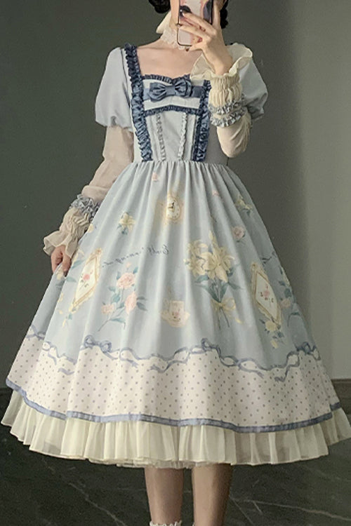Blue Ruffled Square Collar Floral Print Puff Long Sleeve High Waist Sweet Lolita OP Dress - Blue - 1