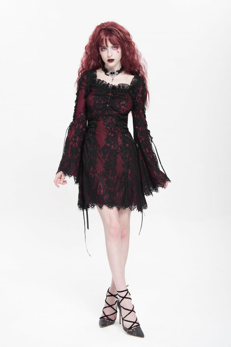 Red Square Collar Long Sleeves Floral Embroidery Lace Lace-Up Women's Gothic Dress - Product - 5