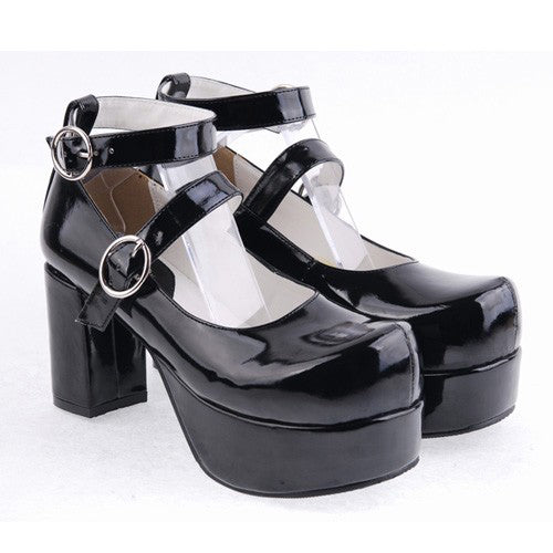 Black Synthetic Leather Round Toe Cross Straps Platform Lolita Shoes - Product - 4