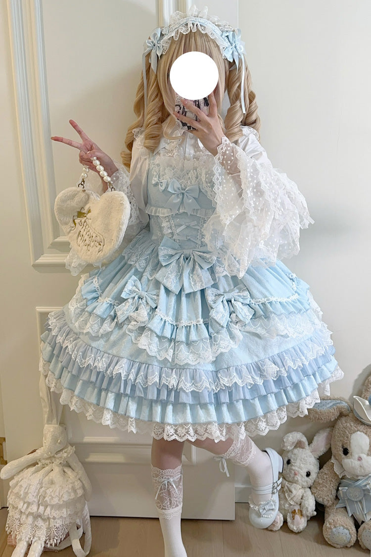 Blue Multi-Layered Ruffle Bowknot Stitching Lace Sweet Lolita Jsk Dress - Blue - 1