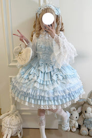 Blue Multi-Layered Ruffle Bowknot Stitching Lace Sweet (Dress Only) front view
