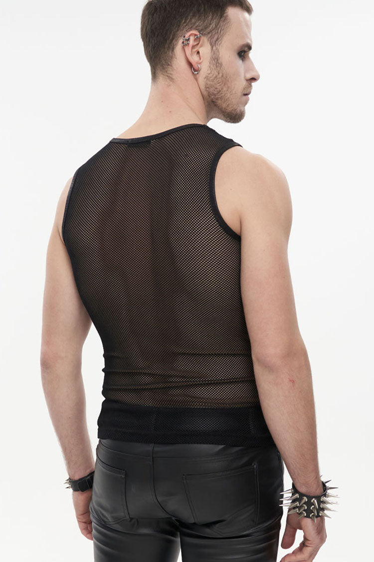 Black Gothic Elasticity Perspective Rhombus Net Yarn Sleeveles Men's T-Shirt - Product - 3