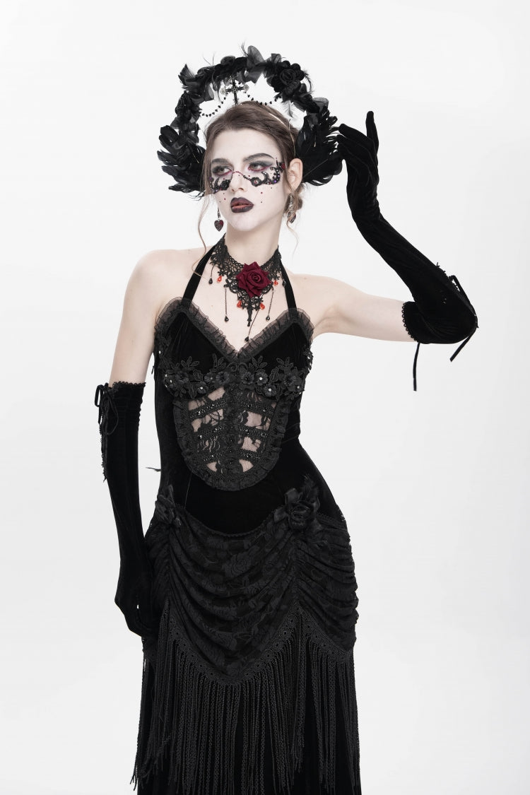 Black Sleeveless Hollow Floral Embroidery Lace-Up Pleated Women's Gothic Maxi Dress - Product - 8