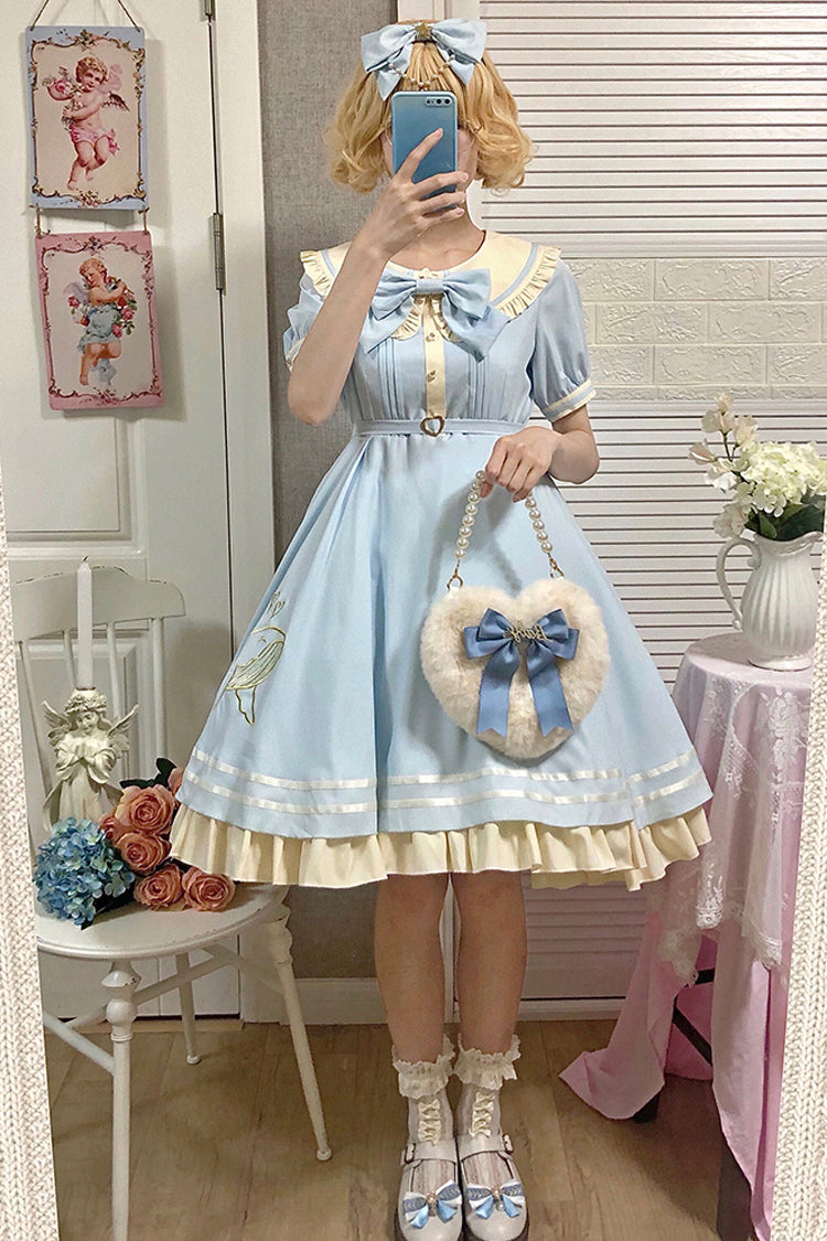 Little Sea Whale Navy Sailor Short Sleeves Sweet Lolita OP Dress 3 Colors - Light Blue - 3