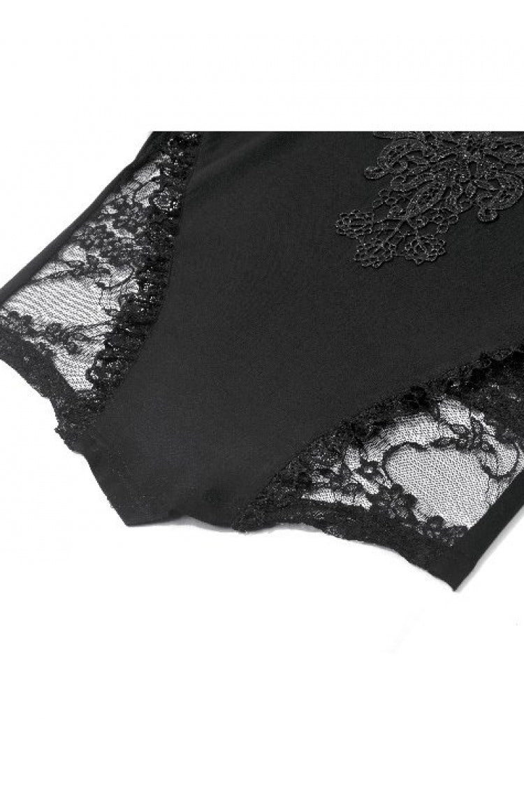 Black Women's Gothic Square Collar Double-Layered Lace Short Sleeves Embroidered Slim Fit Top - Product - 13