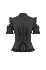 Black Mandarin Collar Cold‑Shoulder Puff Sleeves Ruffled Cut-Out Lace-Up Women's Gothic Blouse - Product - 14