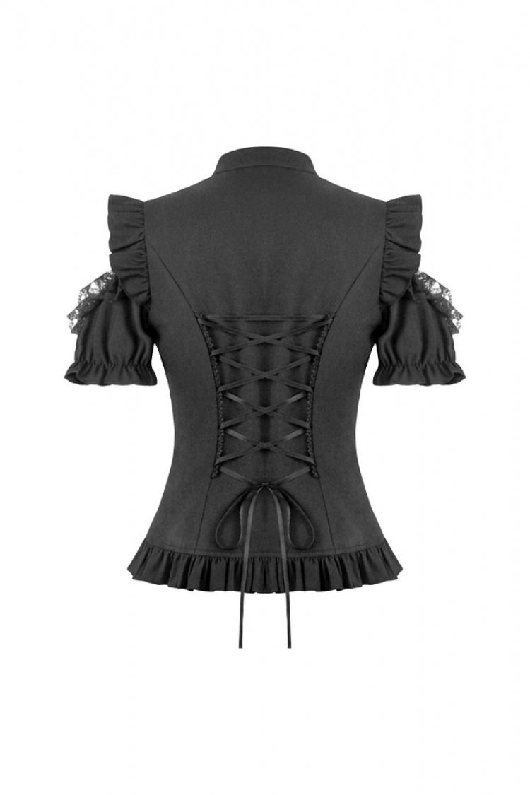 Black Mandarin Collar Cold‑Shoulder Puff Sleeves Ruffled Cut-Out Lace-Up Women's Gothic Blouse - Product - 14