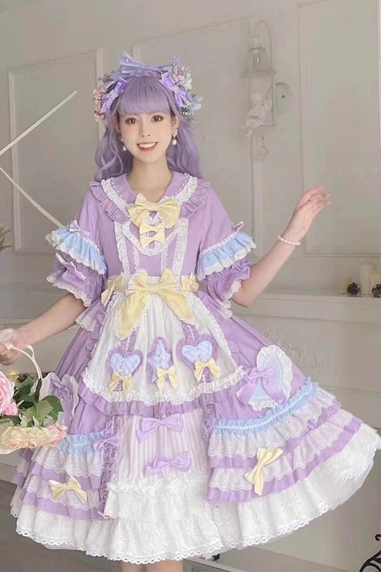 Purple Star Sugar Short Sleeves Multi-layer Ruffle Bowknot Sweet Lolita Dress - Product - 7