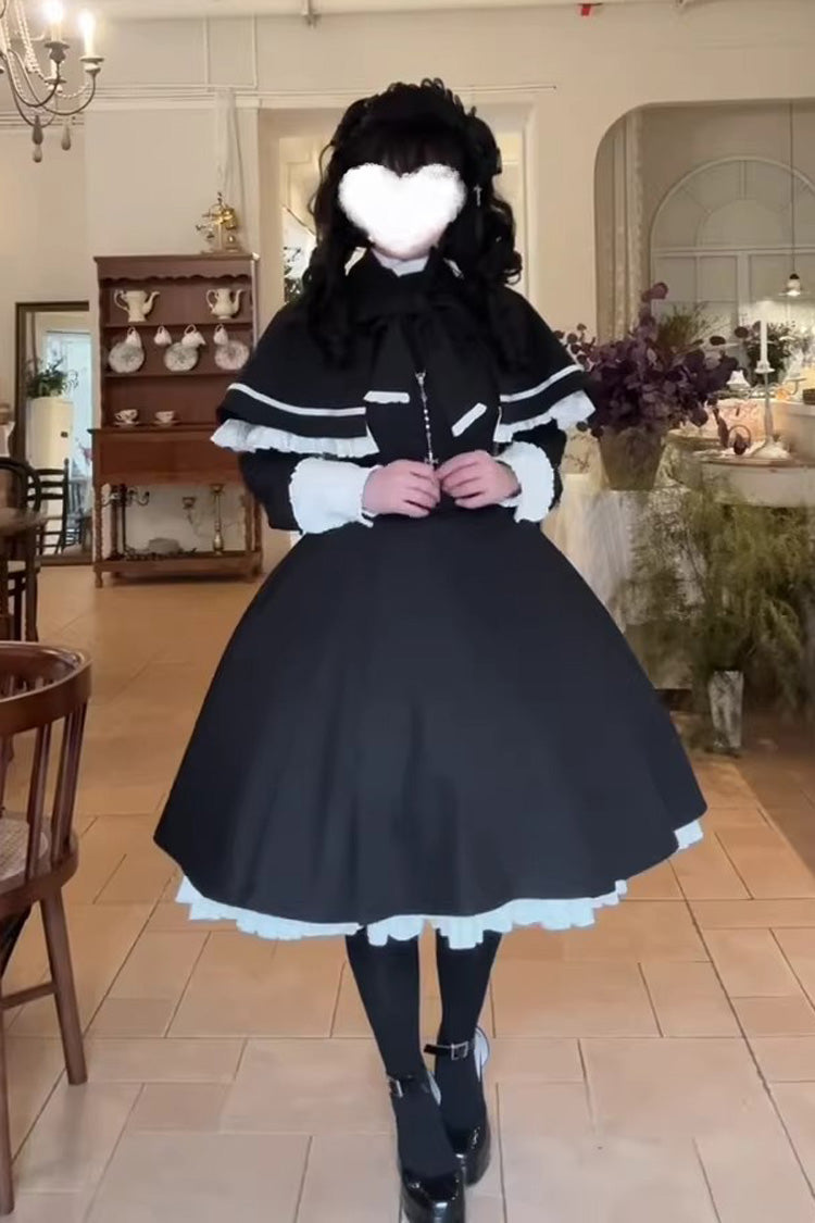 Black Long Sleeves Ruffled Bow Maid Gothic Lolita Dress Cloak Two-piece Set - Product - 3