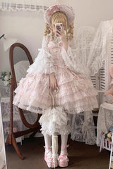 Pink [Sweetheart Diary] Multi-Layered Ruffle Hanayome Embroidery Bowknot Lace Sweet Lolita Jsk Dress - Product - 7