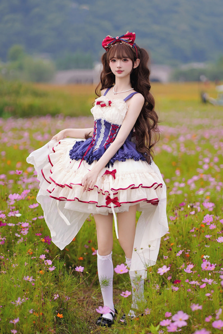 Blue/Ivory [Dance of Time] Snow White Triple-Layered Ballet Style Bowknot Lace-Up Sweet Lolita Jsk Dress - Blue/Ivory - 1