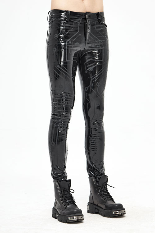 Black Punk Circuit Printed High Quality Stretchy Leather Tight Mens Pants - Product - 2