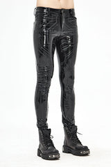 Black Punk Circuit Printed High Quality Stretchy Leather Tight Mens Pants - Product - 2