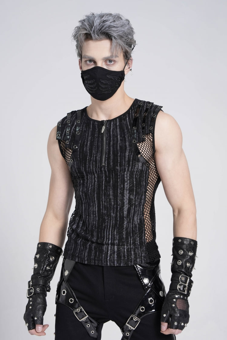 Black Sleeveless Ribbed Print Stitching Mesh Zipper Men's Gothic Vest - Product - 4