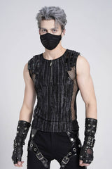 Black Sleeveless Ribbed Print Stitching Mesh Zipper Men's Gothic Vest - Product - 4