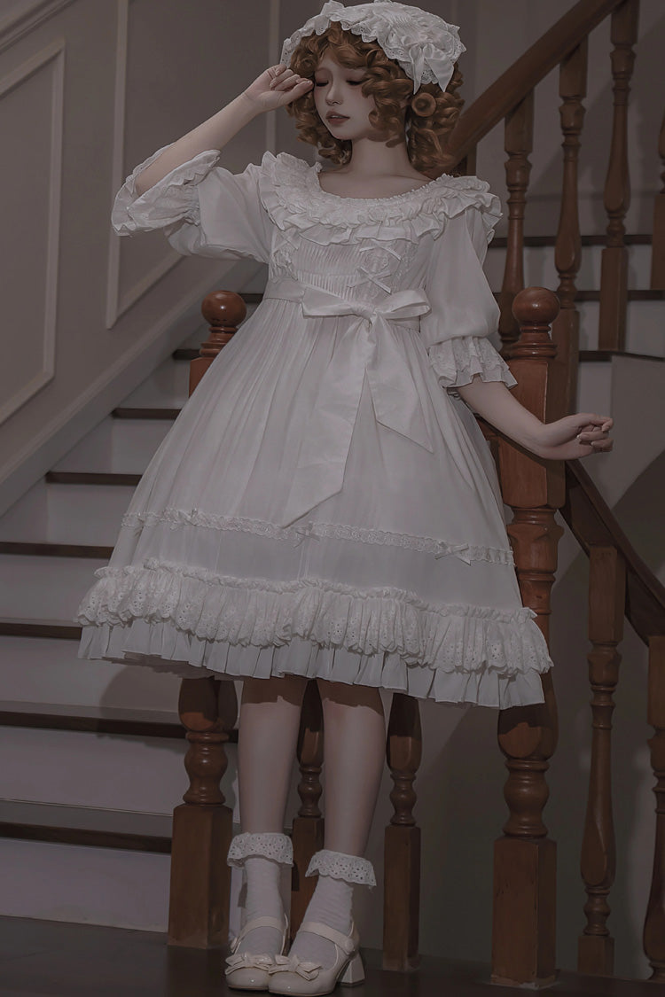 White [Good Morning] Short Sleeves Ruffle Bowknot Lace-Up Gothic Lolita Dress - Product - 3