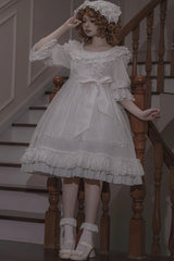 White [Good Morning] Short Sleeves Ruffle Bowknot Lace-Up Gothic Lolita Dress - Product - 3
