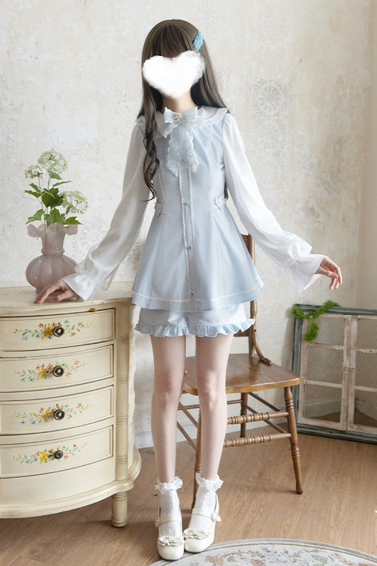Blue Long Sleeves Ruffle Bowknot Lace Sweet Jirai Kei Dress Set - Product - 2