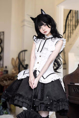 Black/White [Miss Black Cat] Sleeveless Printed Ruffled Sweet Princess Ballet Lolita Skirt Set - Black/White(Set) - 1