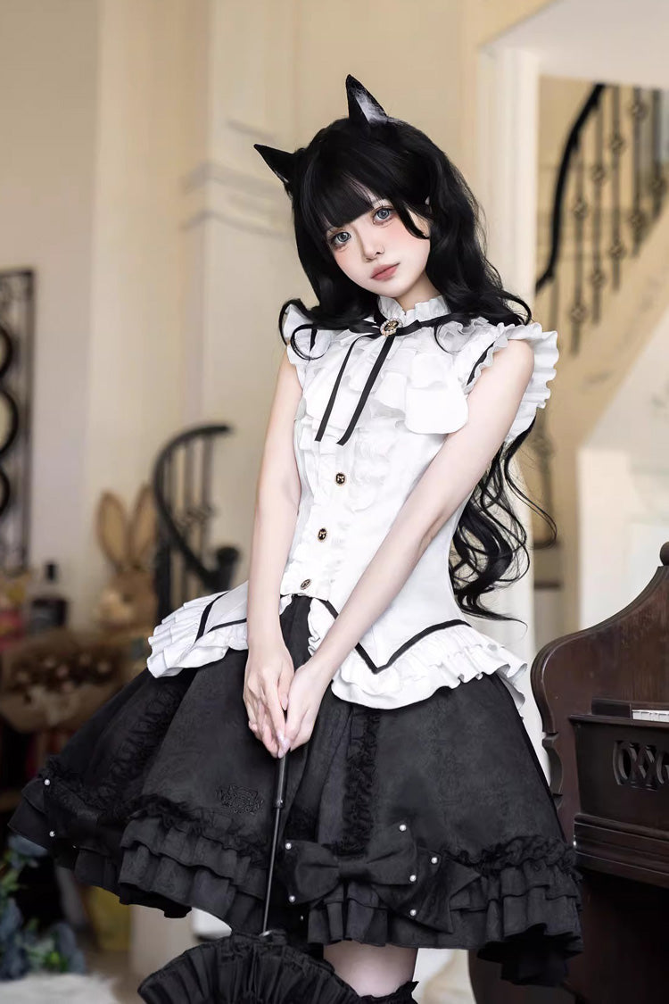 Black/White [Miss Black Cat] Sleeveless Printed Ruffled Sweet Princess Ballet Lolita Skirt Set - Black/White(Set) - 1
