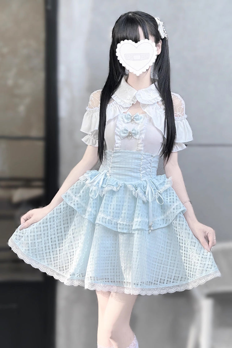 White/Blue Short Sleeves Double-Layered Ruffle Hollow Bowknot Lace-Up Jirai Kei Japanese Skirt Set - White/Blue - 1