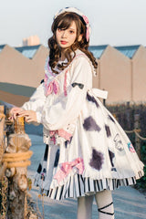 Doll Collar Lantern Long Sleeves Cow Printed Stitching Bowknot Ruffled Sweet Lolita Op Dress - Product - 3