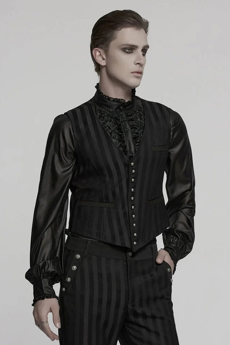 Black V Collar Sleeveless Striped Print Buckle Men's Punk Vest - Product - 2