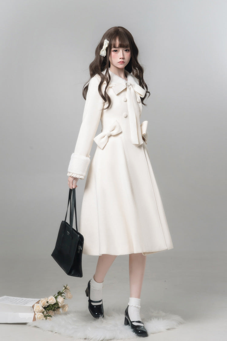 White [First Snow] Doll Collar Long Sleeves Bow Sweet Lolita Coat - Product - 3