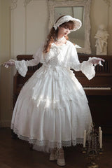 White [Cherish] Long Trumpet Sleeves Ruffle Hanayome Bowknot Lace-Up Sweet Lolita Dress - Product - 2