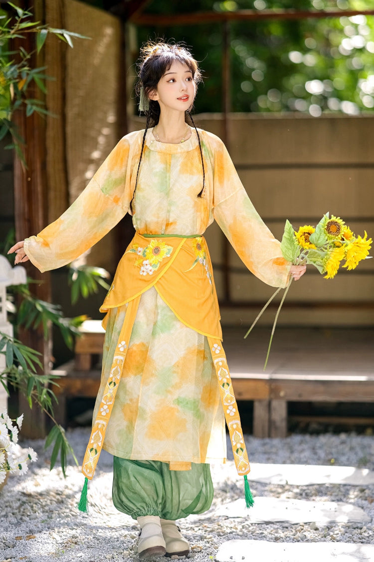 Yellow/Green Round Collar Long Sleeves Print Women's Sweet Hanfu Pants Full Set - Product - 2