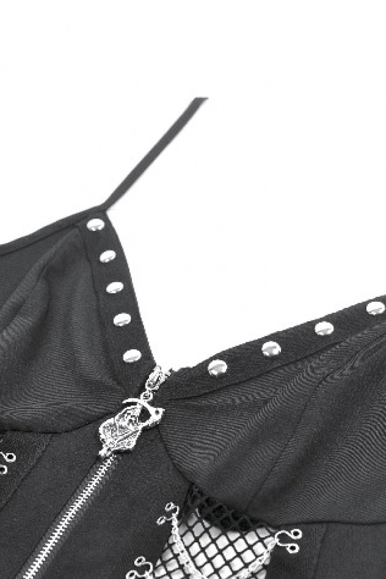 Black Sleeveless Mesh Spliced Studded Zipper Women's Punk Slip Dress - Product - 13