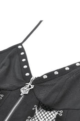 Black Sleeveless Mesh Spliced Studded Zipper Women's Punk Slip Dress - Product - 13